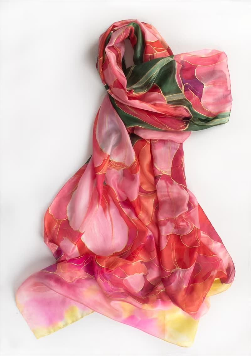 Red Hand painted silk shawl- The Tulip's Garden