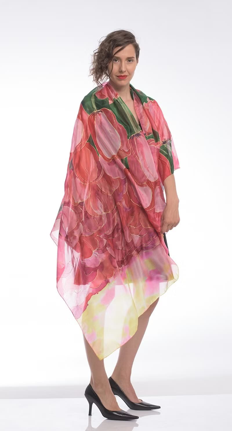 Red Hand painted silk shawl- The Tulip's Garden