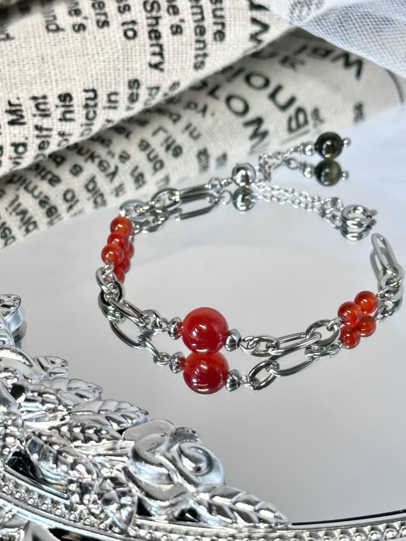 浪漫火族公主瑪瑙手鍊 - 醫療鋼/紅瑪瑙/金曜石