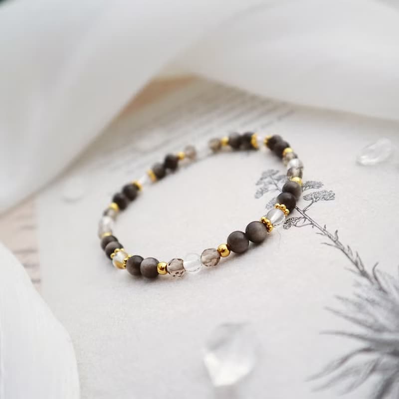 銀黑曜石-茶晶-白水晶│黃銅 彈性線 手鍊