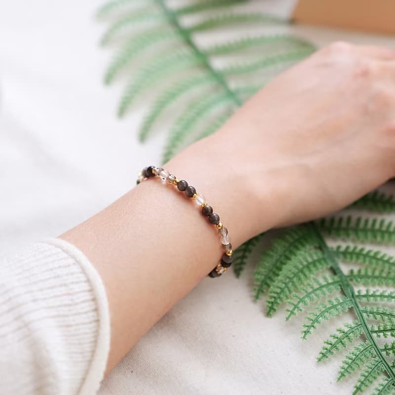 銀黑曜石-茶晶-白水晶│黃銅 彈性線 手鍊