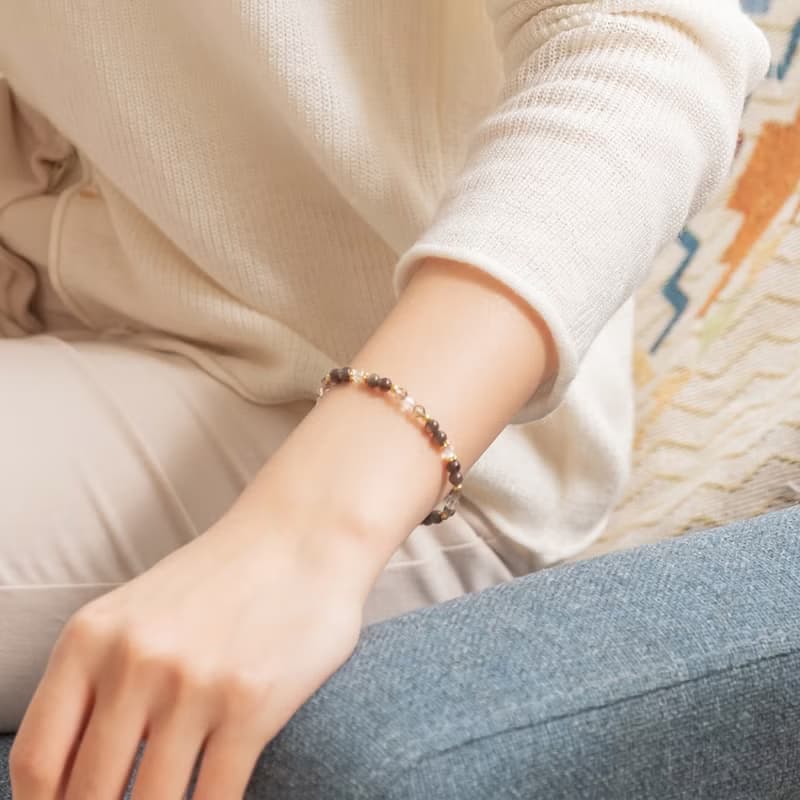 銀黑曜石-茶晶-白水晶│黃銅 彈性線 手鍊