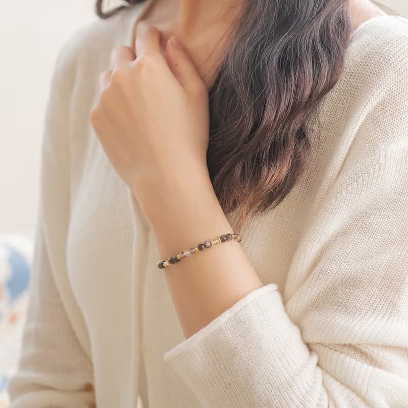 銀黑曜石-茶晶-白水晶│黃銅 彈性線 手鍊