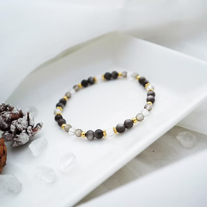 銀黑曜石-茶晶-白水晶│黃銅 彈性線 手鍊