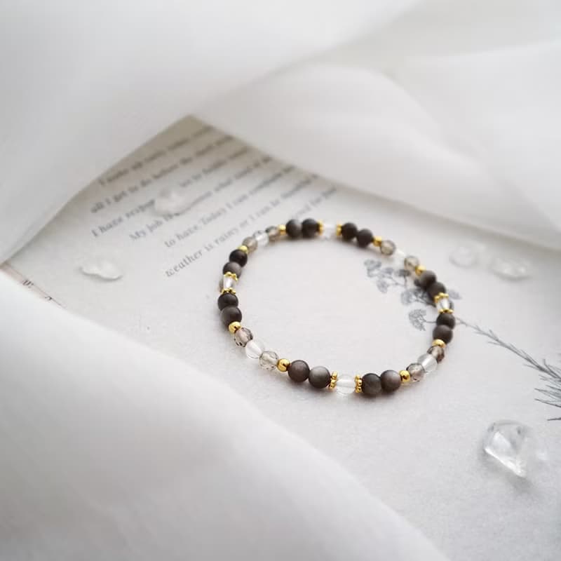 銀黑曜石-茶晶-白水晶│黃銅 彈性線 手鍊