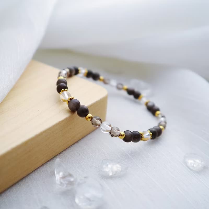 銀黑曜石-茶晶-白水晶│黃銅 彈性線 手鍊