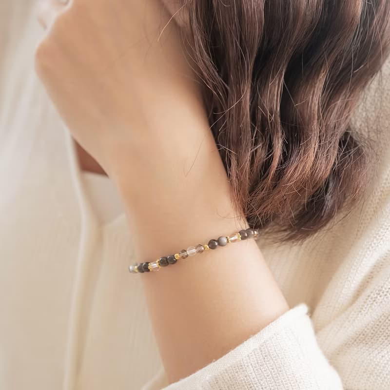 銀黑曜石-茶晶-白水晶│黃銅 彈性線 手鍊