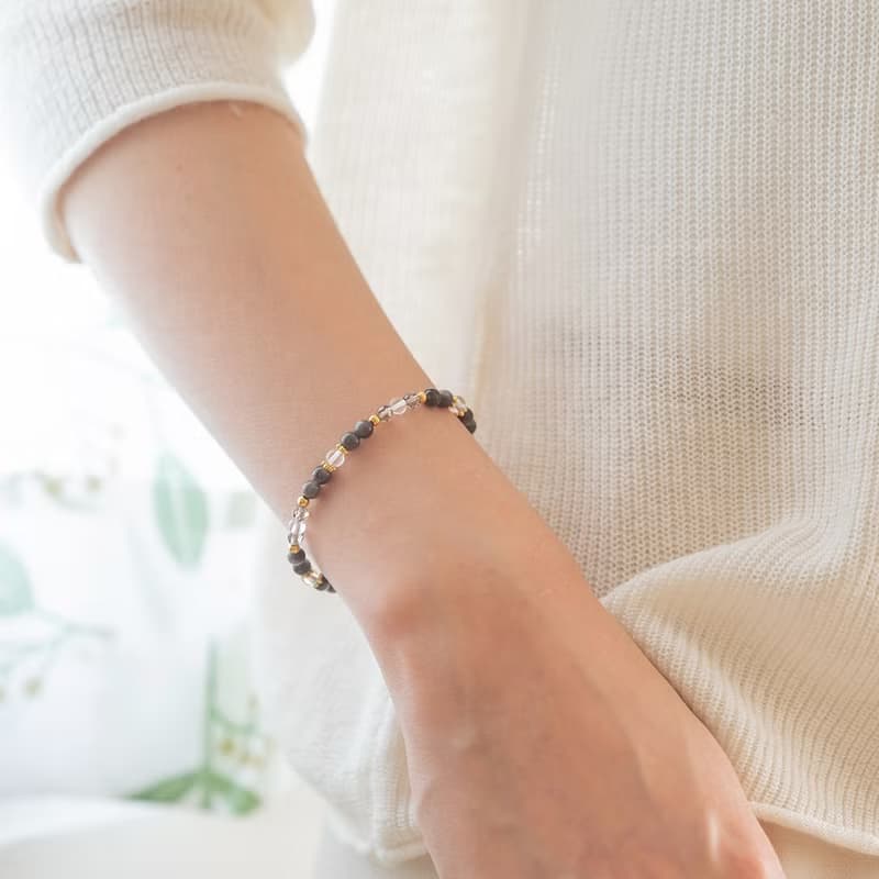 銀黑曜石-茶晶-白水晶│黃銅 彈性線 手鍊