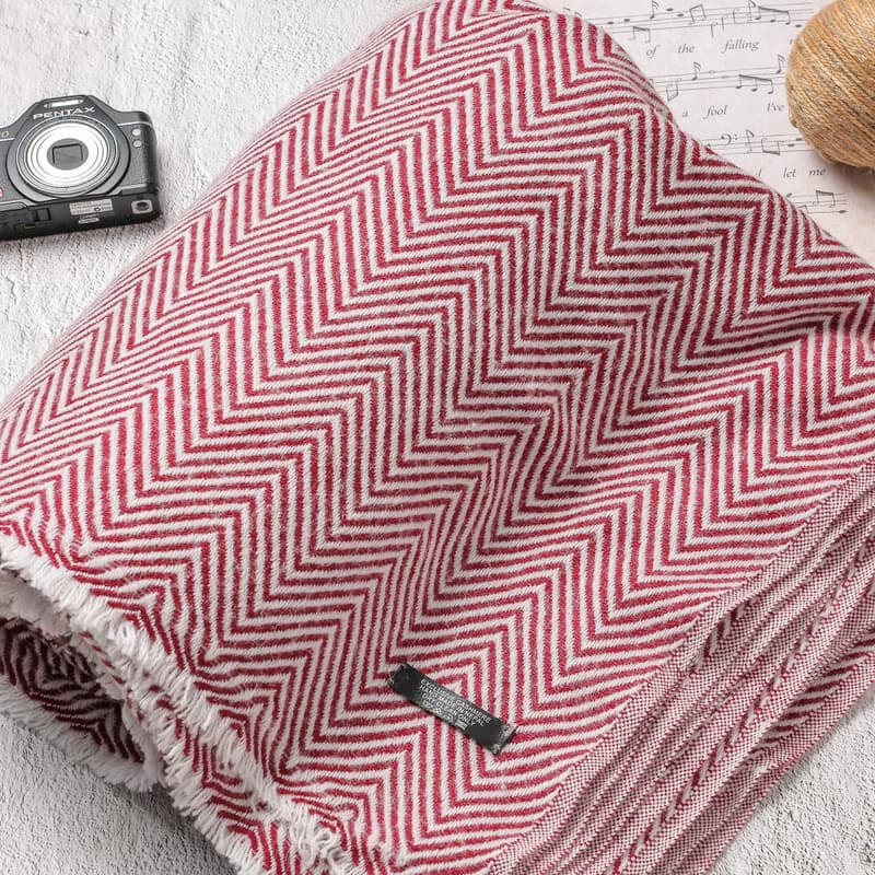 【毯子】喀什米爾羊毛大毯子/披肩 山形紋紅色 柔軟保暖