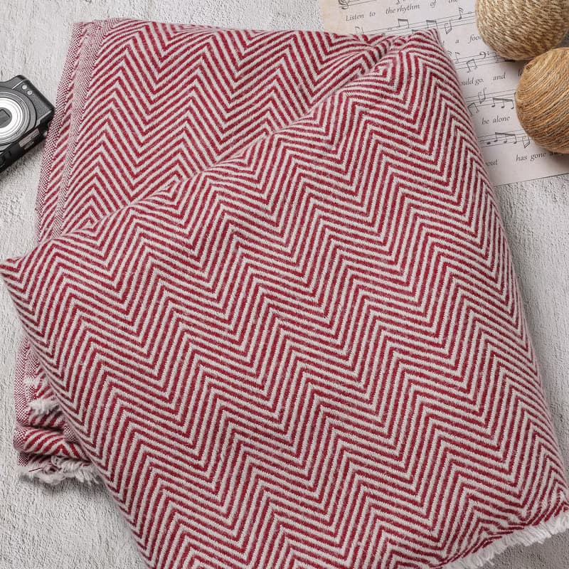 【毯子】喀什米爾羊毛大毯子/披肩 山形紋紅色 柔軟保暖