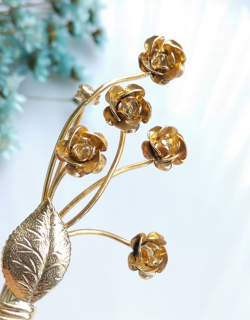 Vintage Jewelry 西洋古董飾品 金屬鍍金 立體 小玫瑰花束 別針