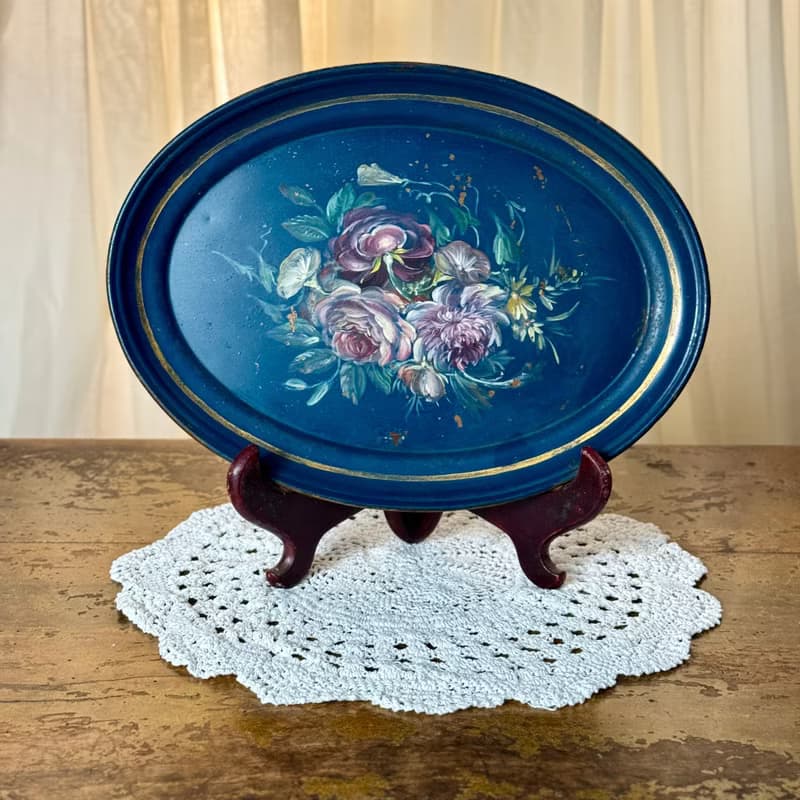 50666- 絕美法國拿破崙三世時期手工彩繪漆面金屬托盤Tole tray