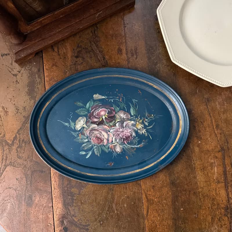 50666- 絕美法國拿破崙三世時期手工彩繪漆面金屬托盤Tole tray