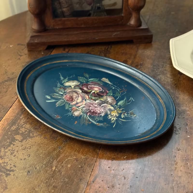 50666- 絕美法國拿破崙三世時期手工彩繪漆面金屬托盤Tole tray