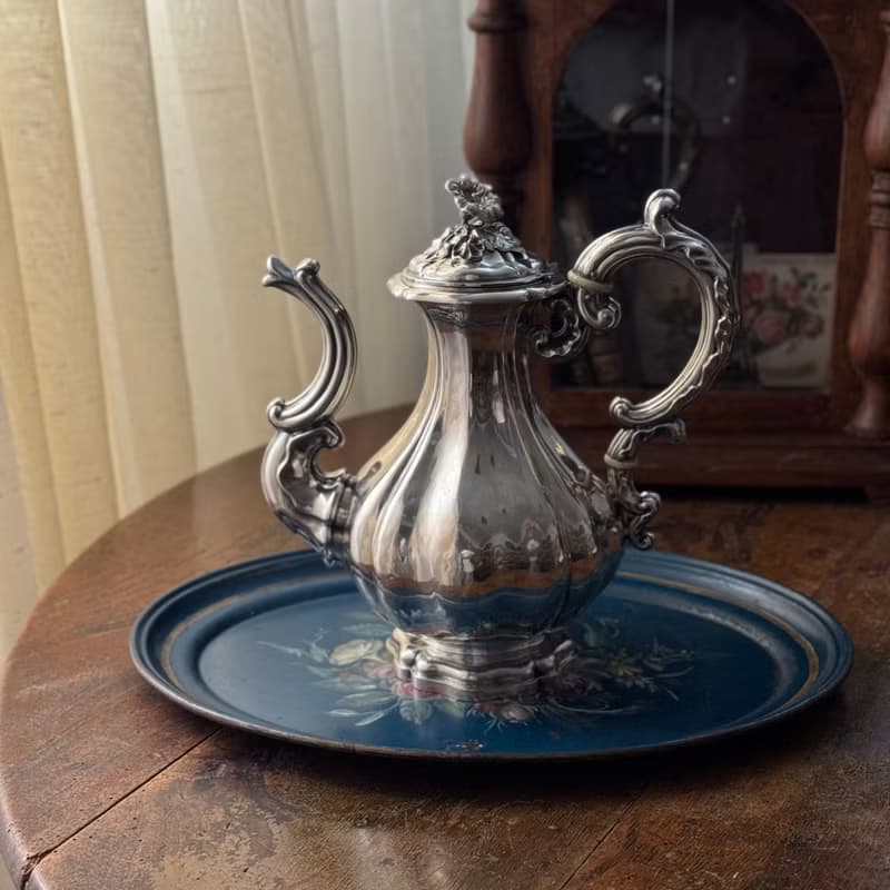 50666- 絕美法國拿破崙三世時期手工彩繪漆面金屬托盤Tole tray