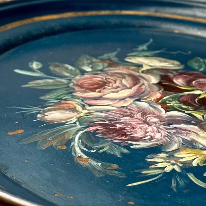 50666- 絕美法國拿破崙三世時期手工彩繪漆面金屬托盤Tole tray