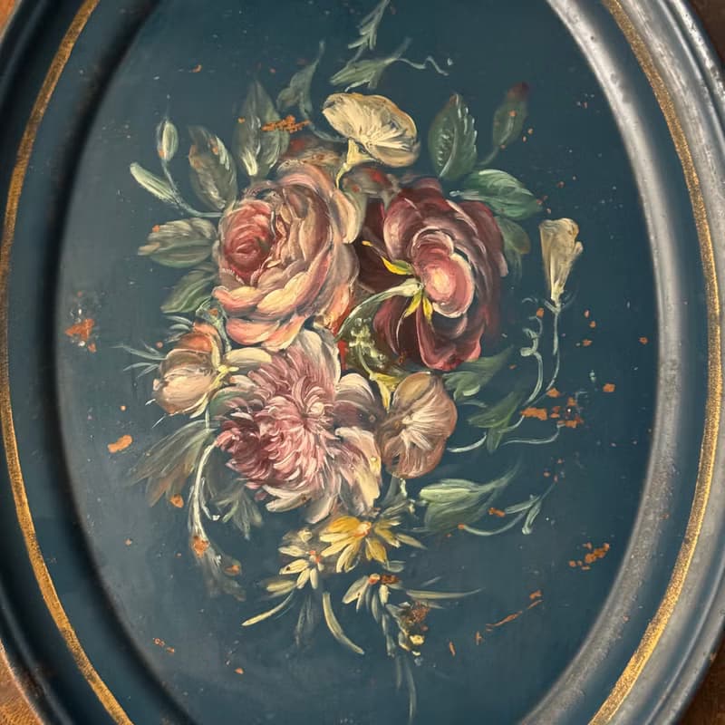50666- 絕美法國拿破崙三世時期手工彩繪漆面金屬托盤Tole tray