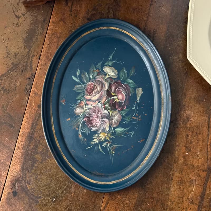 50666- 絕美法國拿破崙三世時期手工彩繪漆面金屬托盤Tole tray