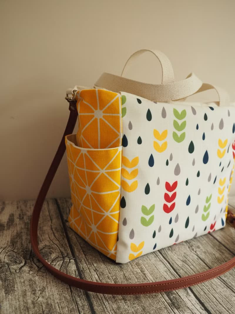 原創手工縫製托特側肩包帆布包 側袋大容量 彩色水滴圖案