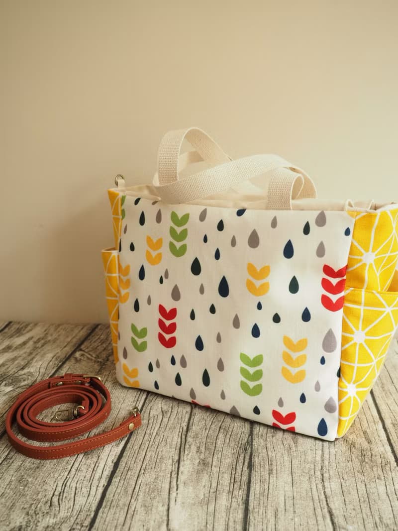 原創手工縫製托特側肩包帆布包 側袋大容量 彩色水滴圖案