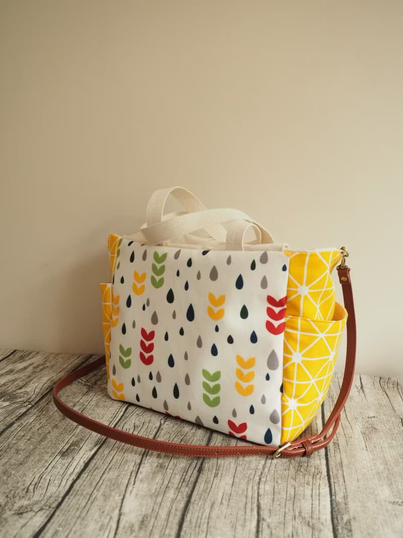 原創手工縫製托特側肩包帆布包 側袋大容量 彩色水滴圖案