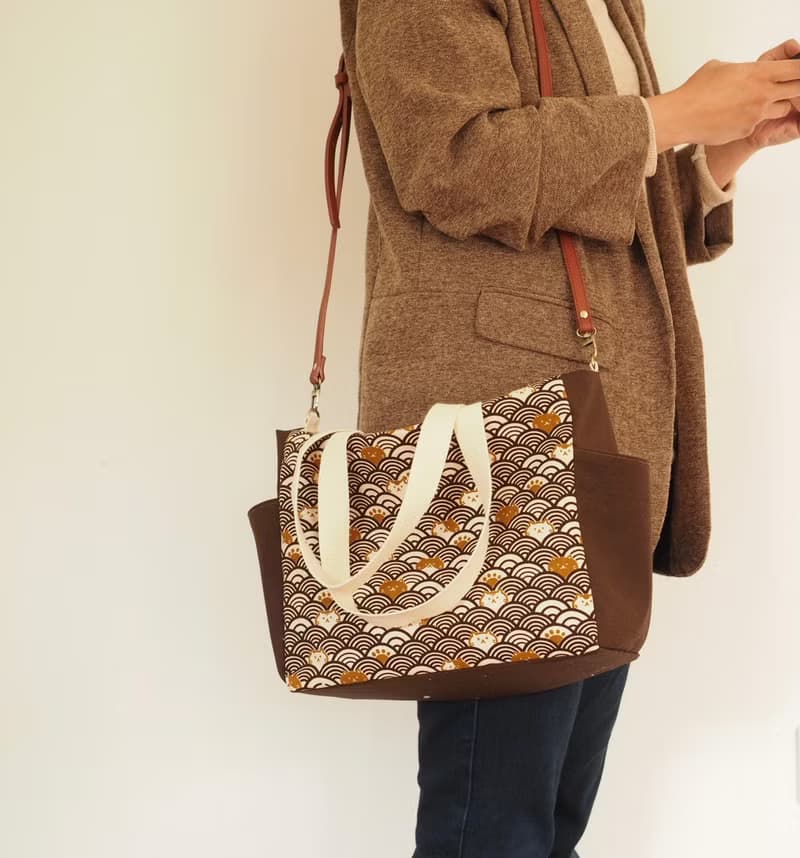 原創手工縫製托特側肩包帆布包 側袋大容量 彩色水滴圖案