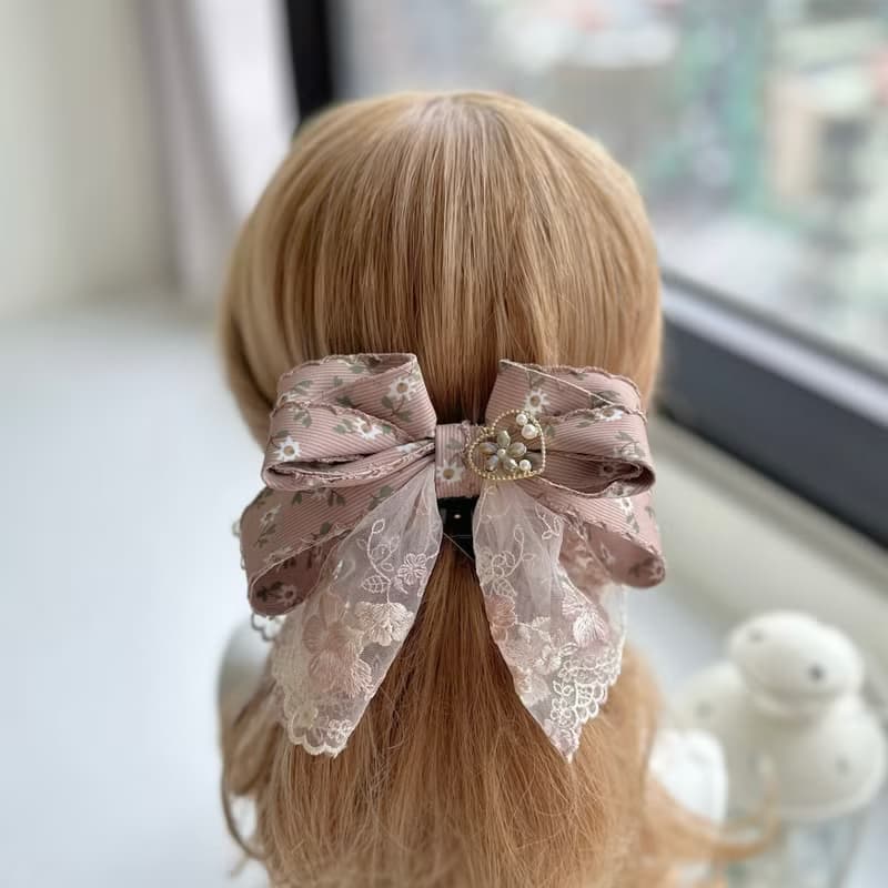 獨家花邊蕾絲蝴蝶結相交夾香蕉夾仙女夾髮夾-巧克力色