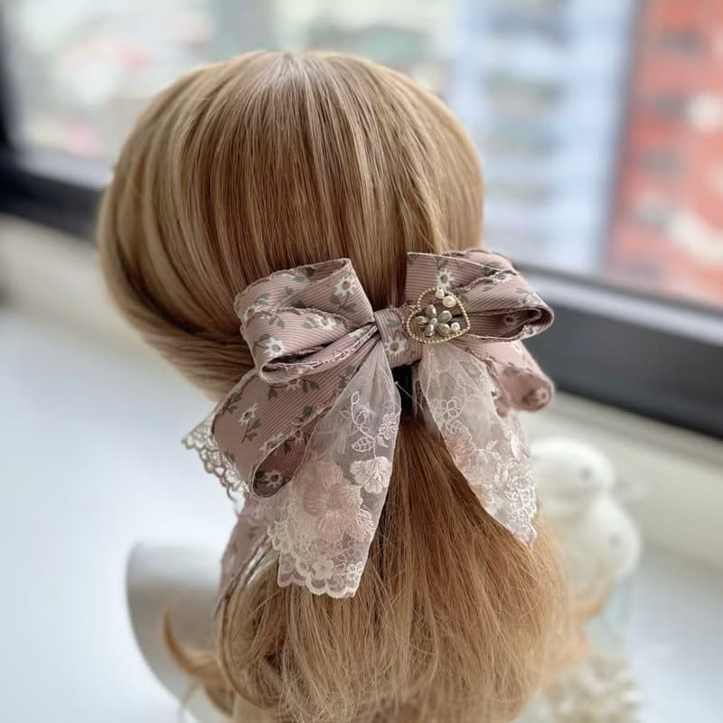 獨家花邊蕾絲蝴蝶結相交夾香蕉夾仙女夾髮夾-巧克力色