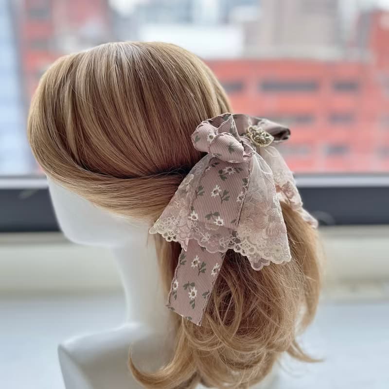 獨家花邊蕾絲蝴蝶結相交夾香蕉夾仙女夾髮夾-巧克力色