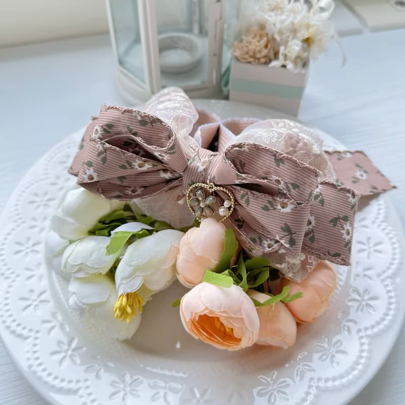 獨家花邊蕾絲蝴蝶結相交夾香蕉夾仙女夾髮夾-巧克力色