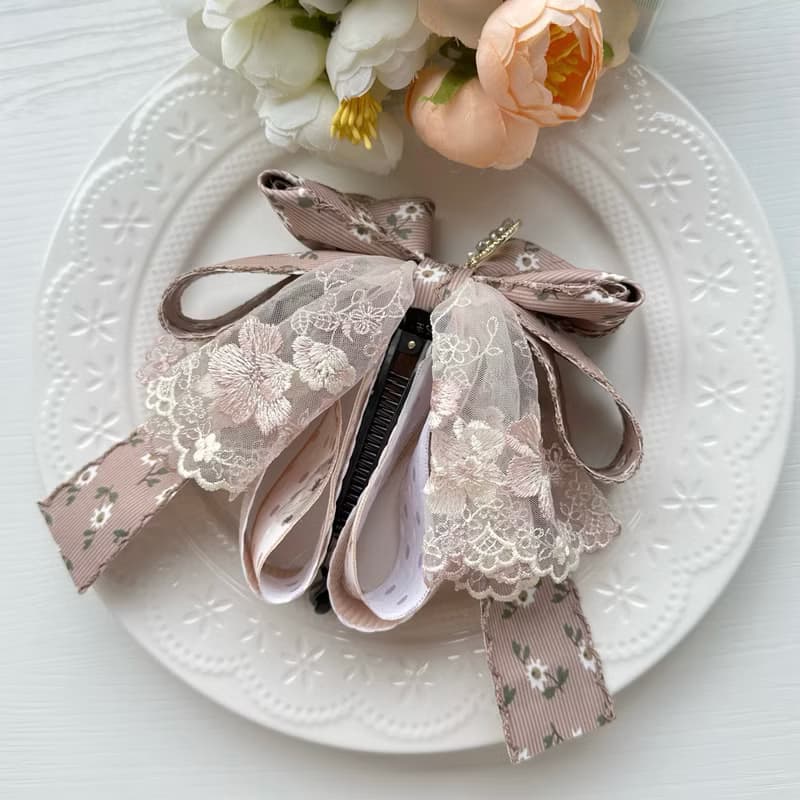 獨家花邊蕾絲蝴蝶結相交夾香蕉夾仙女夾髮夾-巧克力色