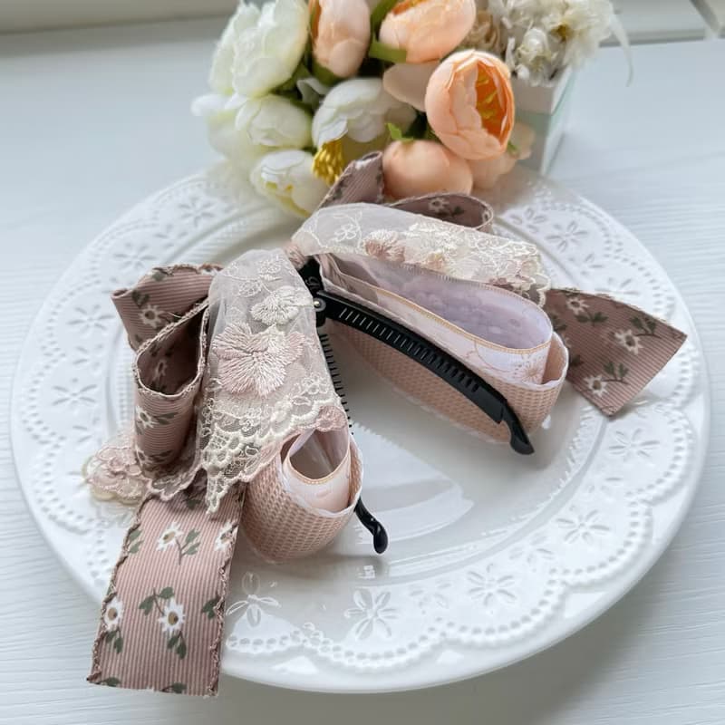 獨家花邊蕾絲蝴蝶結相交夾香蕉夾仙女夾髮夾-巧克力色