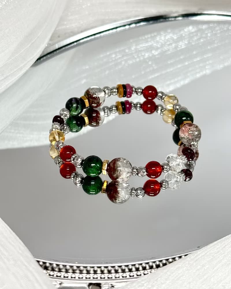 藏寶圖紅綠寶幽靈水晶手鍊 - /紅幽靈/紅綠寶/紅石榴/黃水晶