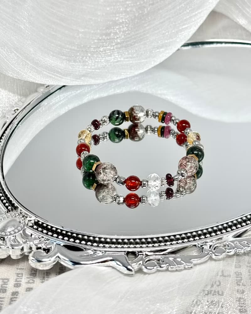 藏寶圖紅綠寶幽靈水晶手鍊 - /紅幽靈/紅綠寶/紅石榴/黃水晶
