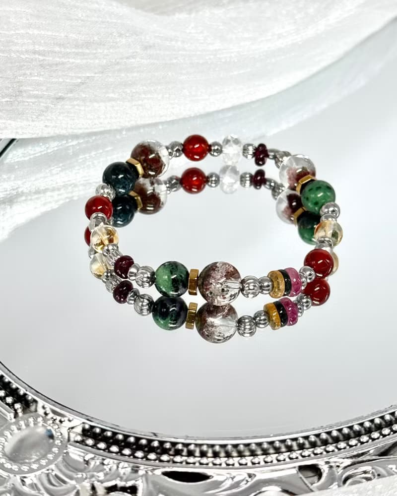 藏寶圖紅綠寶幽靈水晶手鍊 - /紅幽靈/紅綠寶/紅石榴/黃水晶