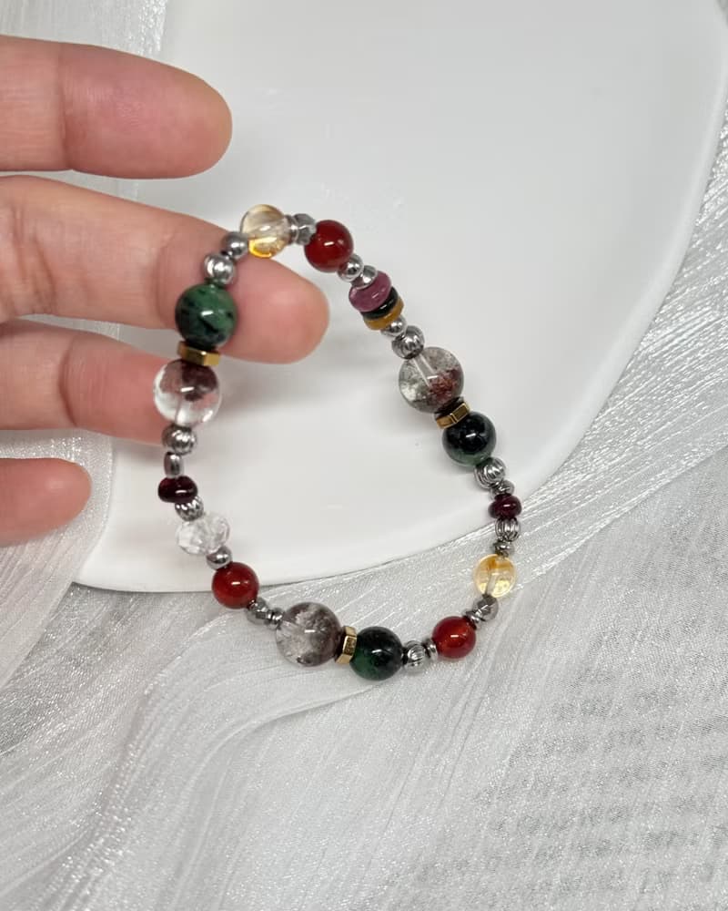 藏寶圖紅綠寶幽靈水晶手鍊 - /紅幽靈/紅綠寶/紅石榴/黃水晶