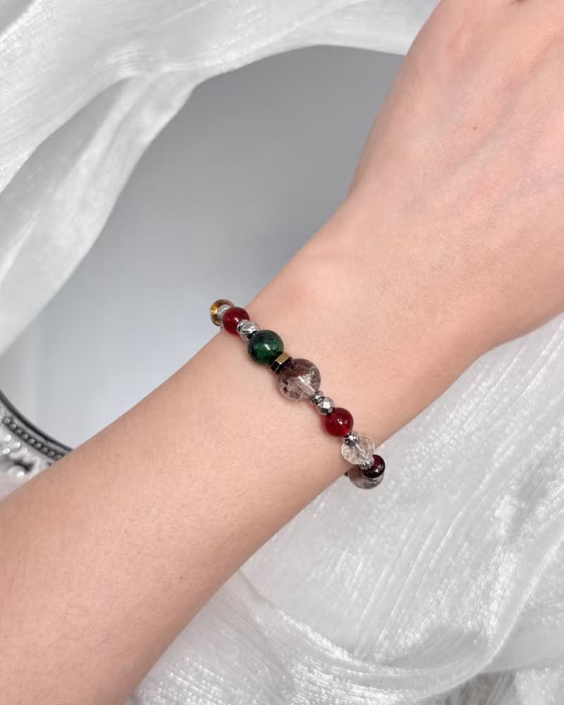 藏寶圖紅綠寶幽靈水晶手鍊 - /紅幽靈/紅綠寶/紅石榴/黃水晶