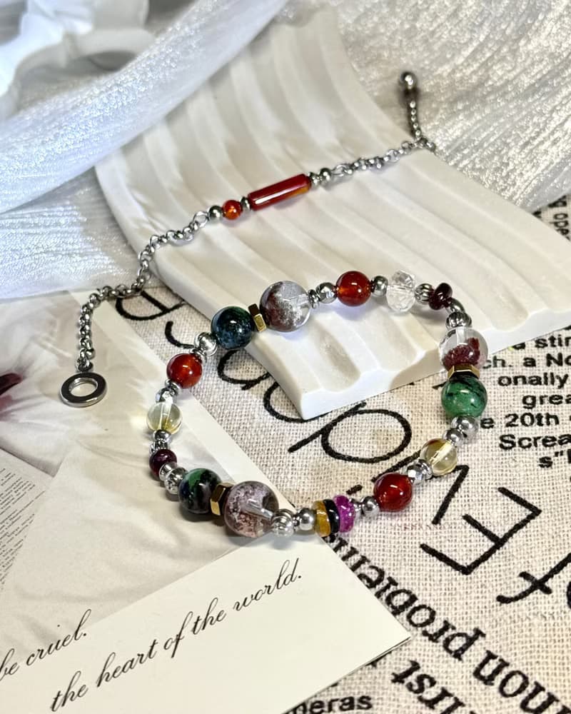 藏寶圖紅綠寶幽靈水晶手鍊 - /紅幽靈/紅綠寶/紅石榴/黃水晶