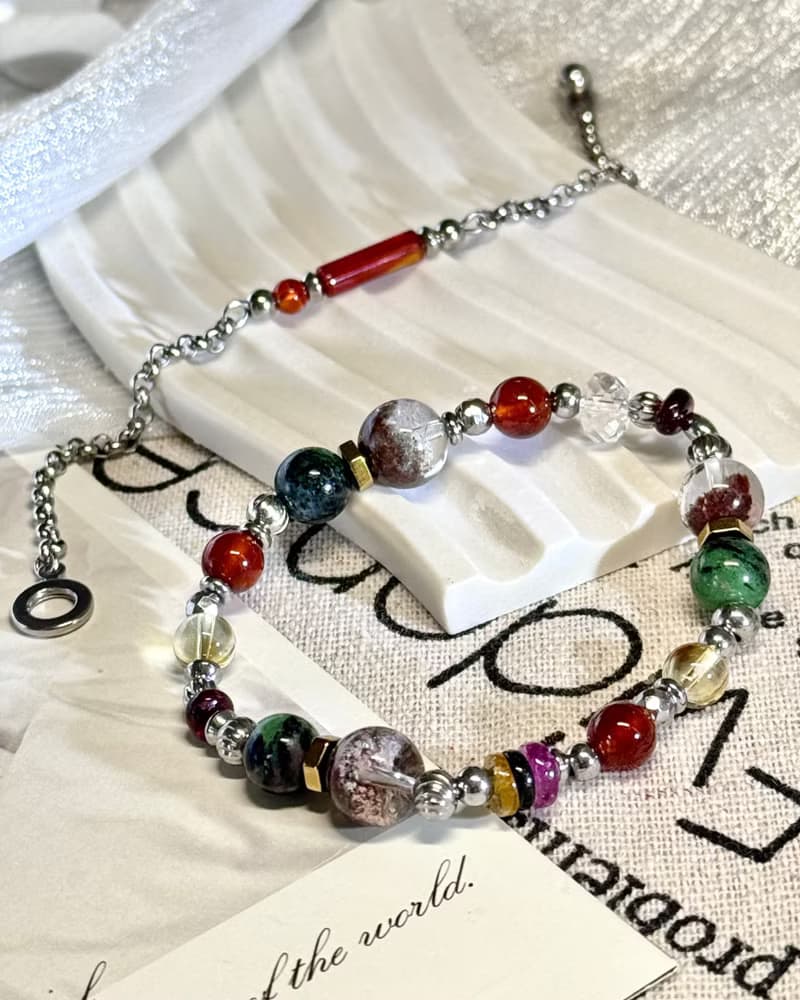 藏寶圖紅綠寶幽靈水晶手鍊 - /紅幽靈/紅綠寶/紅石榴/黃水晶