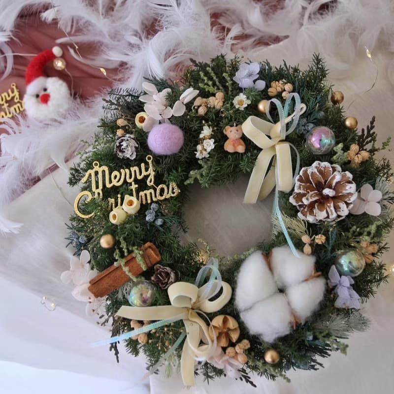 可愛小熊 雪松聖誕花圈 淺紫色裝飾 永生聖誕花圈 聖誕節禮物