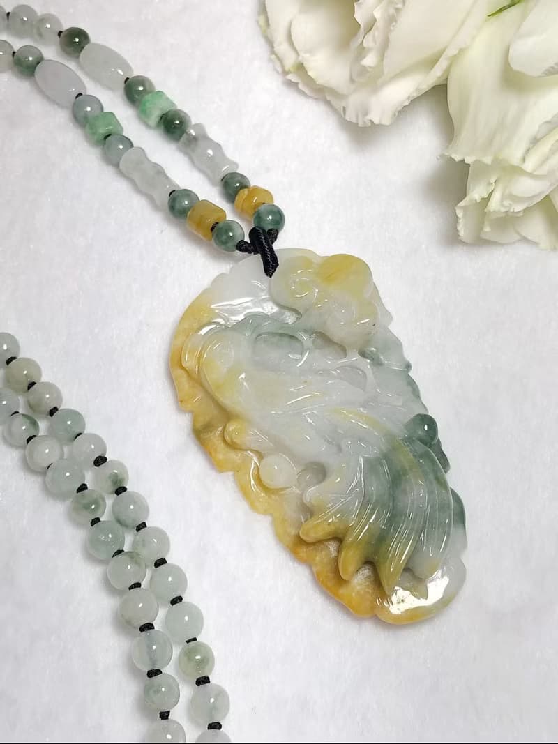 多寶晶石/天然翡翠A貨鳳牌/黃翡/飄花鳳牌/黃加綠/龍鳳珮/附證書