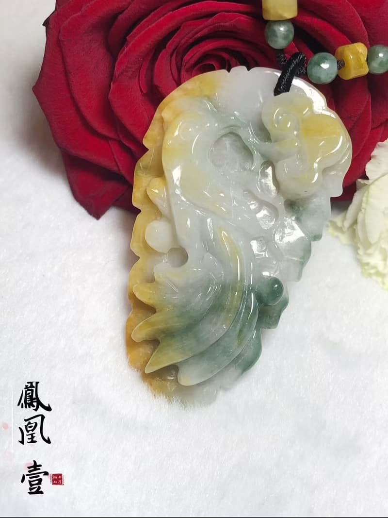 多寶晶石/天然翡翠A貨鳳牌/黃翡/飄花鳳牌/黃加綠/龍鳳珮/附證書