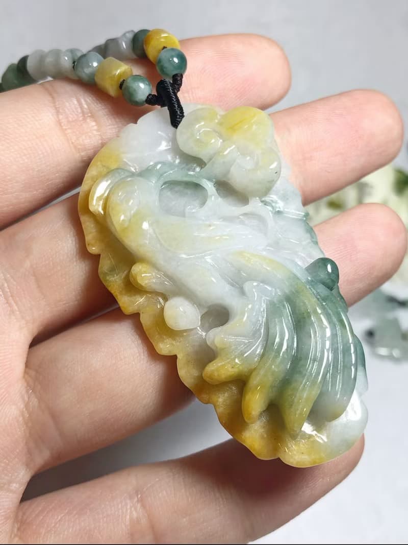 多寶晶石/天然翡翠A貨鳳牌/黃翡/飄花鳳牌/黃加綠/龍鳳珮/附證書
