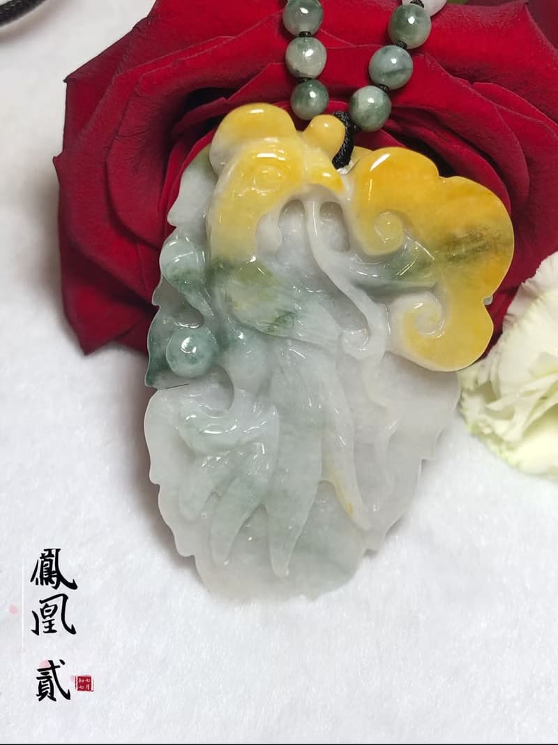 多寶晶石/天然翡翠A貨鳳牌/黃翡/飄花鳳牌/黃加綠/龍鳳珮/附證書