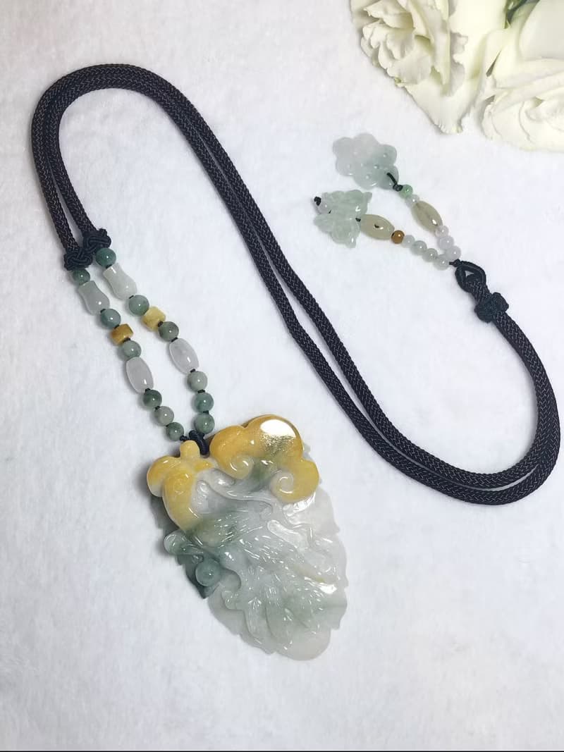 多寶晶石/天然翡翠A貨鳳牌/黃翡/飄花鳳牌/黃加綠/龍鳳珮/附證書