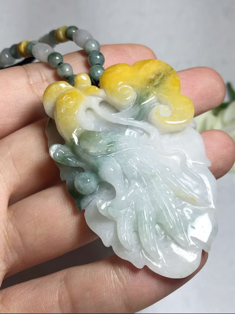 多寶晶石/天然翡翠A貨鳳牌/黃翡/飄花鳳牌/黃加綠/龍鳳珮/附證書