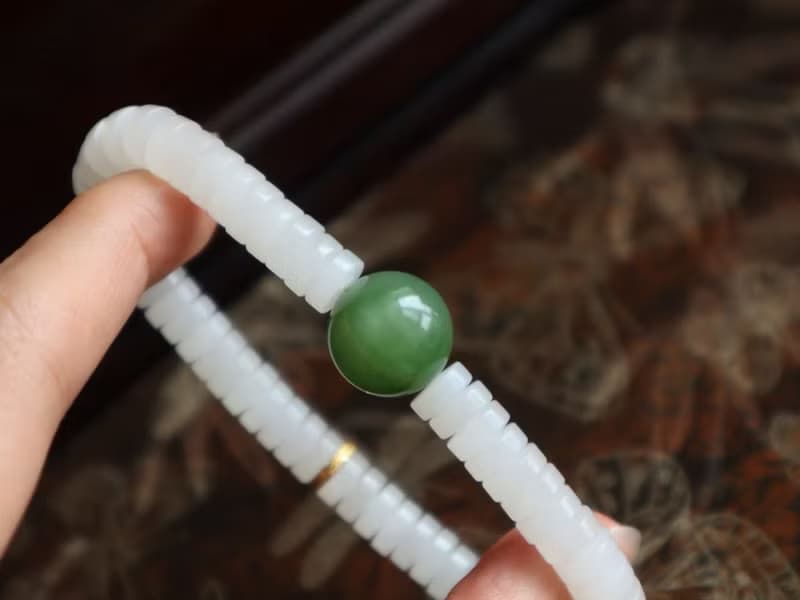 天然和田白玉藥片直切珠手串手鏈青海老料 玉質細膩脂粉油性十足