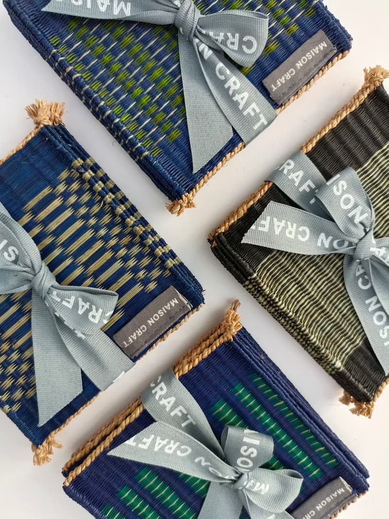 Set 8 Blue Green glass coaster Housewarming Gifts, hot pot natural woven trivet