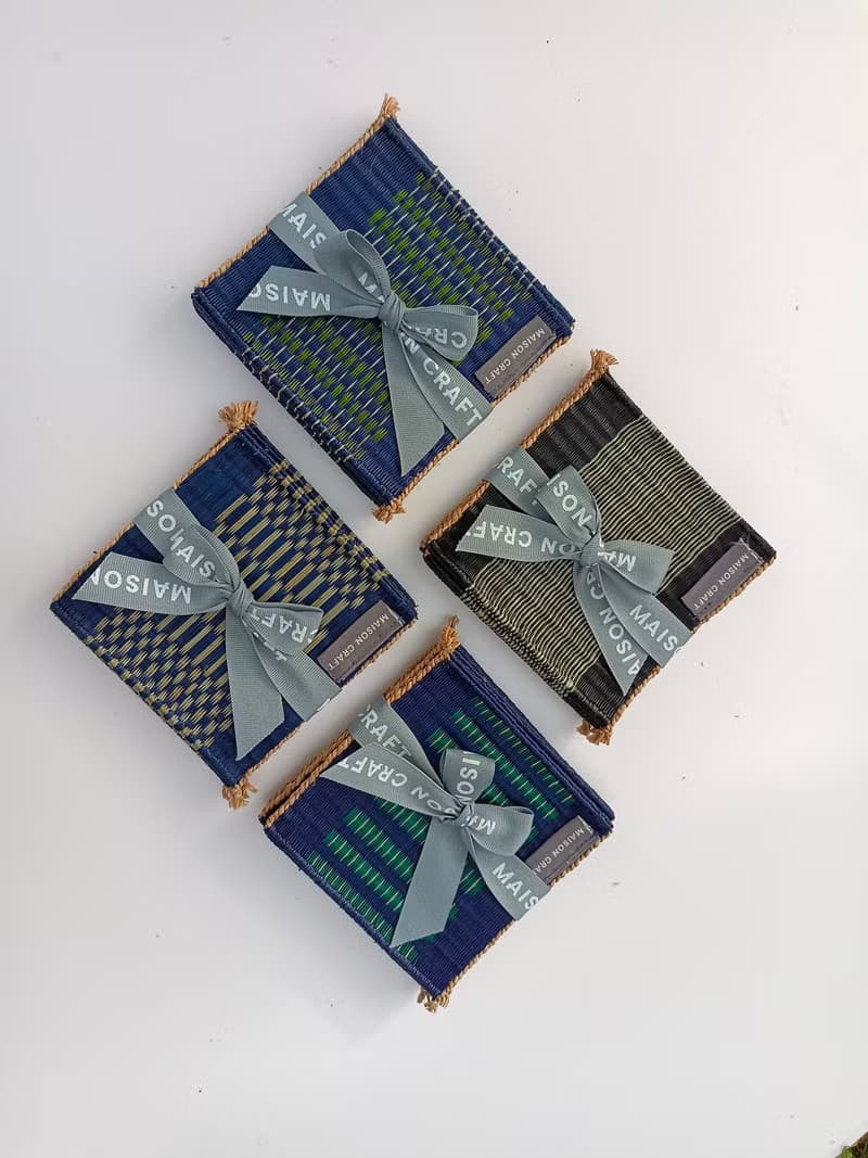 Set 8 Blue Green glass coaster Housewarming Gifts, hot pot natural woven trivet