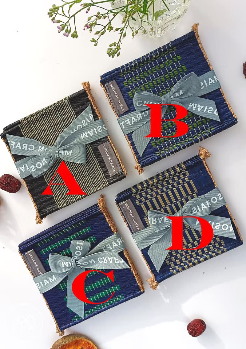 Set 8 Blue Green glass coaster Housewarming Gifts, hot pot natural woven trivet